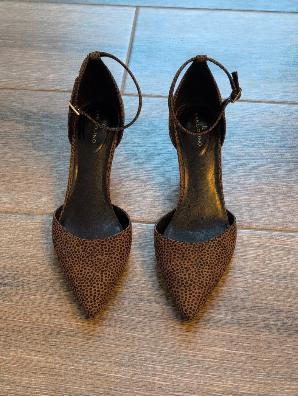 Bandolino Black Brown Animal Print Pointed-Toe Ankle-Strap Heels